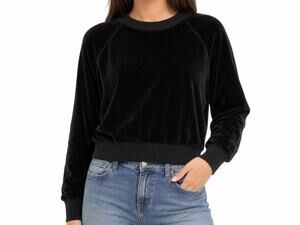 Good American Women Black Velour Crewneck Sweatshirt Size 1 (Small) Athleisure